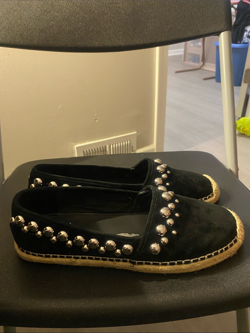 B Brian Atwood Eli black suade Espadrilles flats shoes w/studs 8.5